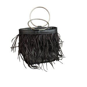 Black Feathered Handbag With Metal Ring Handles & Magnetic Snap Closure